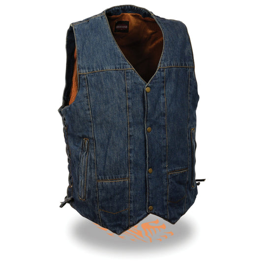 Milwaukee Leather DM1989 Men's Blue Denim '10 Pocket' Motorcycle Bikers Rider Vest with Side Laces