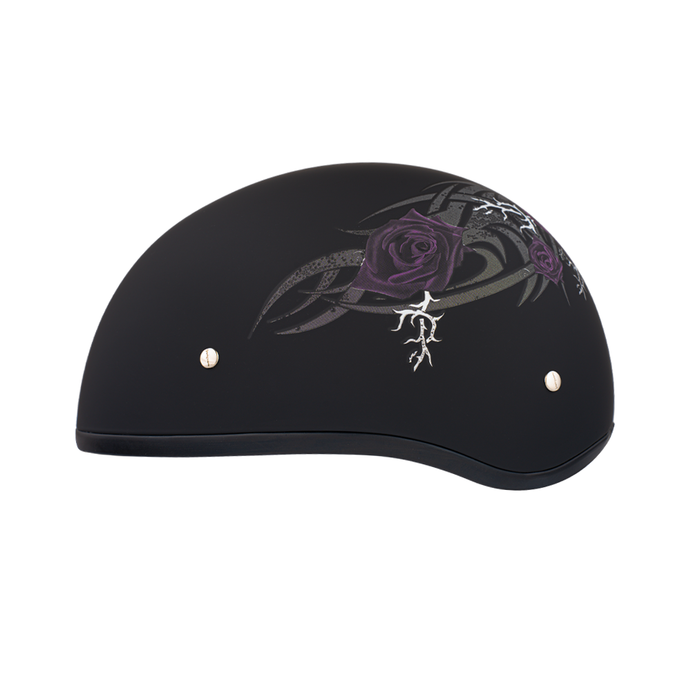 DOT Approved Daytona Motorcycle Half Face Helmet - Skull Cap Graphics for Men & Women, Scooters, ATVs, UTVs & Choppers - W/ Purple Rose