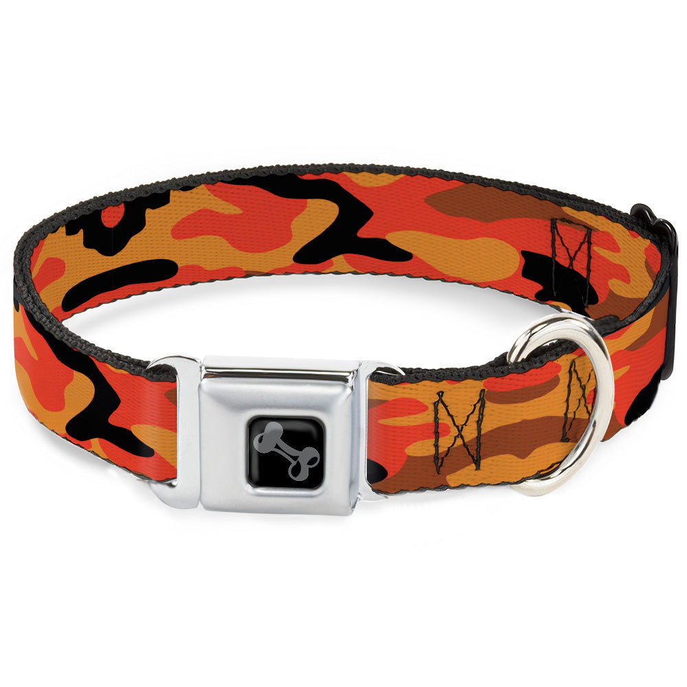 Dog Bone Black/Silver Seatbelt Buckle Collar - Camo Oranges/Black