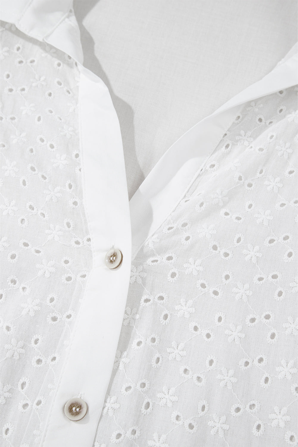 White Floral Embroidered Puff Sleeve Eyelet Patchwork Shirt