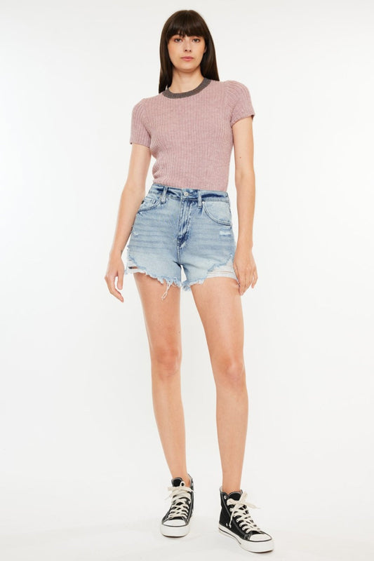 Kancan Distressed High Waist Denim Shorts with Pockets