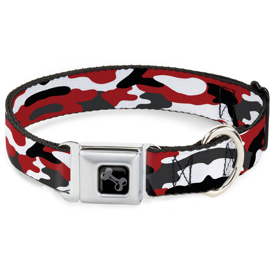 Dog Bone Black/Silver Seatbelt Buckle Collar - Camo Red/Black/Gray/White