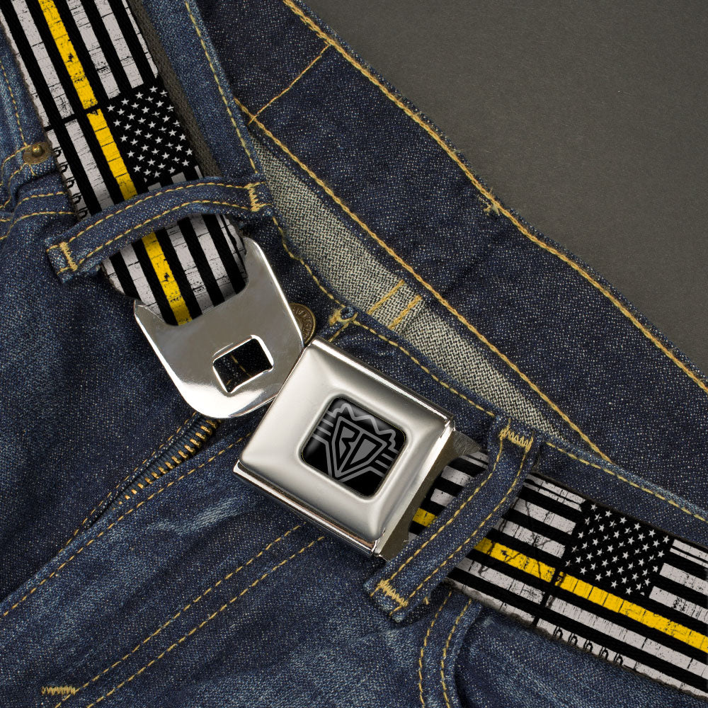 BD Wings Logo CLOSE-UP Black/Silver Seatbelt Belt - Thin Yellow Line Flag Weathered Black/Gray/Yellow Webbing