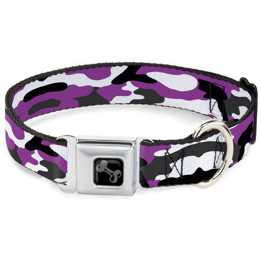 Dog Bone Black/Silver Seatbelt Buckle Collar - Camo Purple/Black/Gray/White