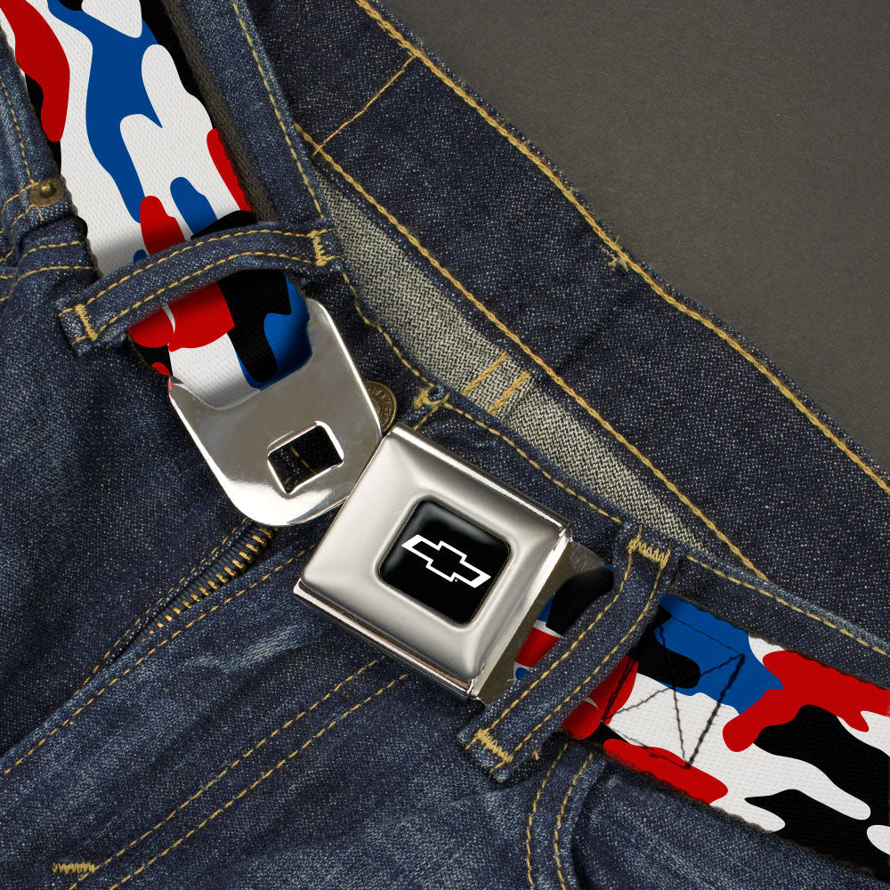 Chevy Bowtie Full Color Black/White Seatbelt Belt - Chevy Americana Camo Red/White/Blue/Black Webbing