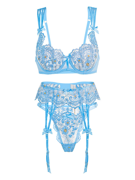 Azure Blossom Embroidery Lingerie Set