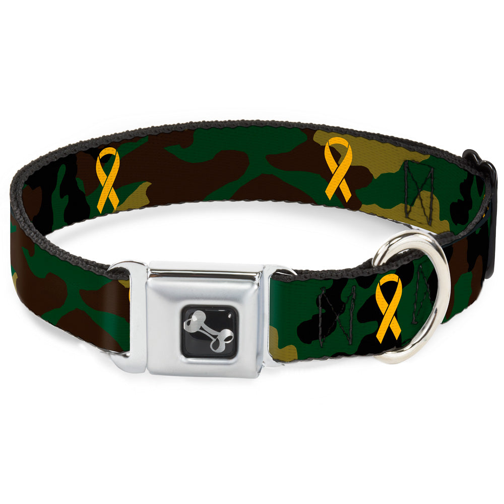 Dog Bone Seatbelt Buckle Collar - Support Our Troops Camo Olive/Yellow Ribbon