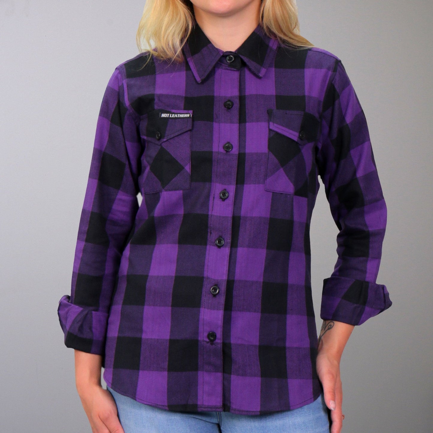 Hot Leathers FLL3003 Ladies Black and Purple Long Sleeve Flannel Shirt