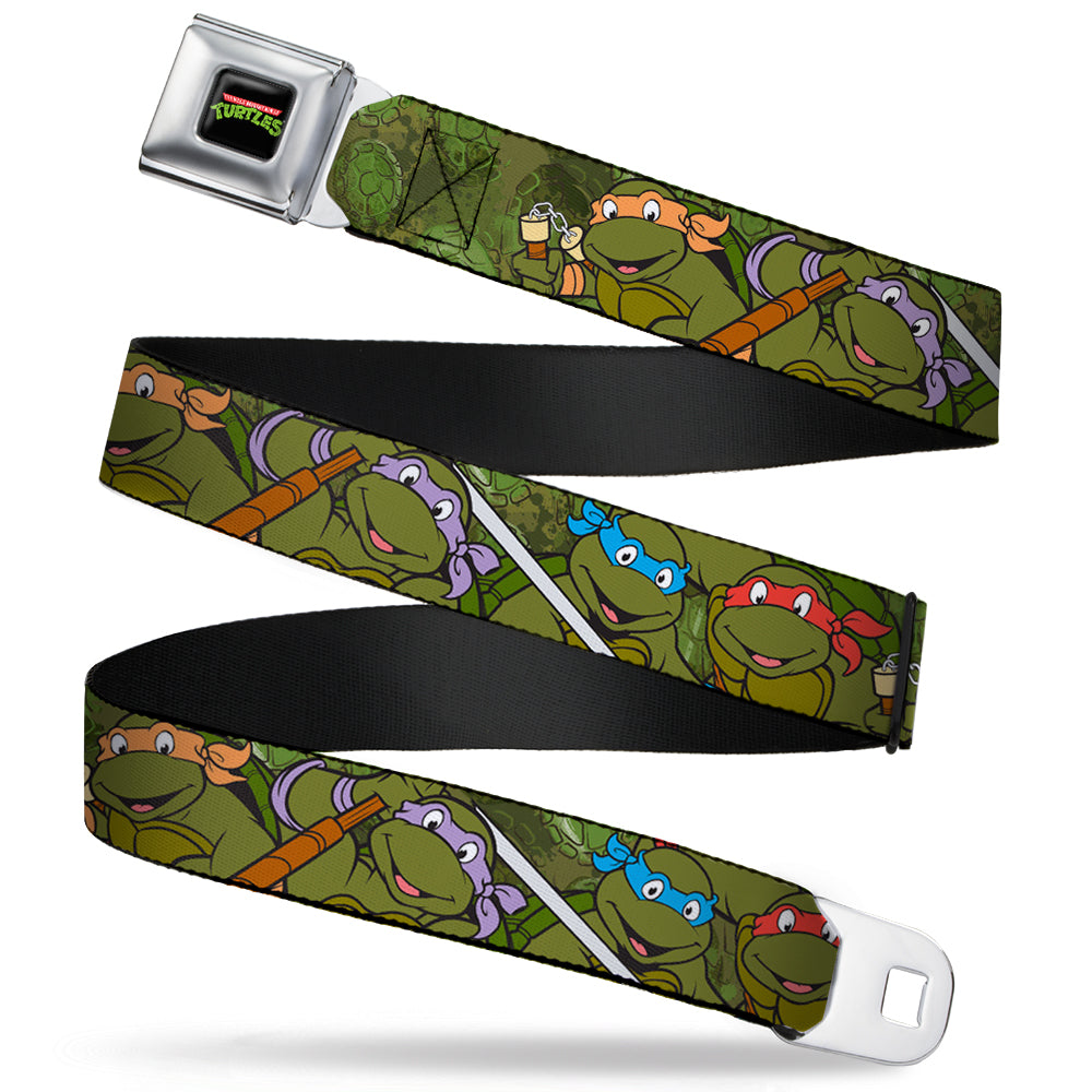 Classic TMNT Logo Full Color Seatbelt Belt - Classic Teenage Mutant Ninja Turtles Group Pose CLOSE-UP Camo Turtle Shell Webbing