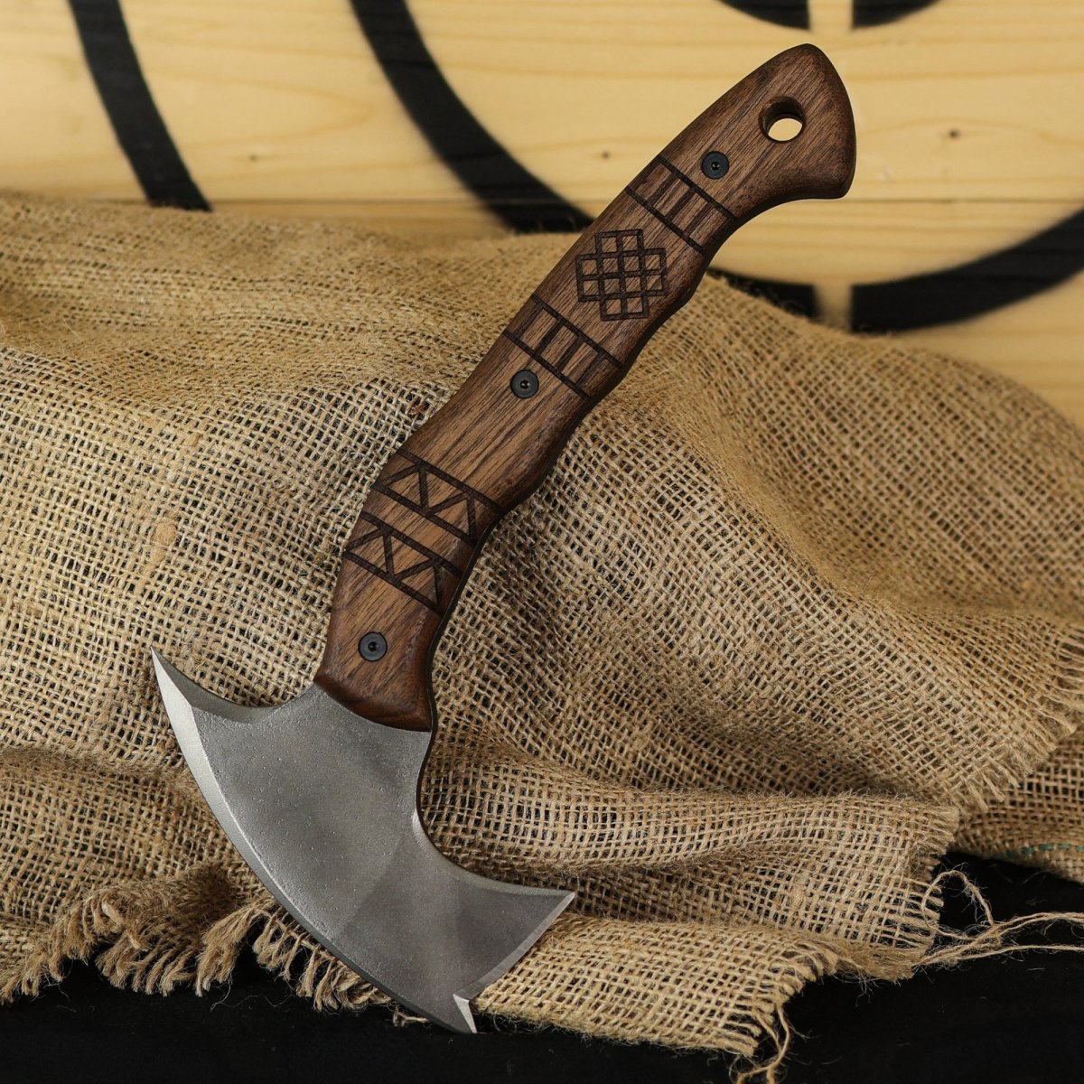 Forged tomahawk "Skaldrun" with tribal engraving