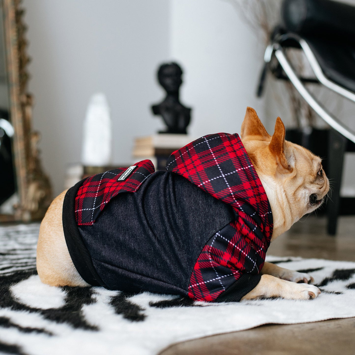 Frenchie Dog Hoodie - Red Tartan