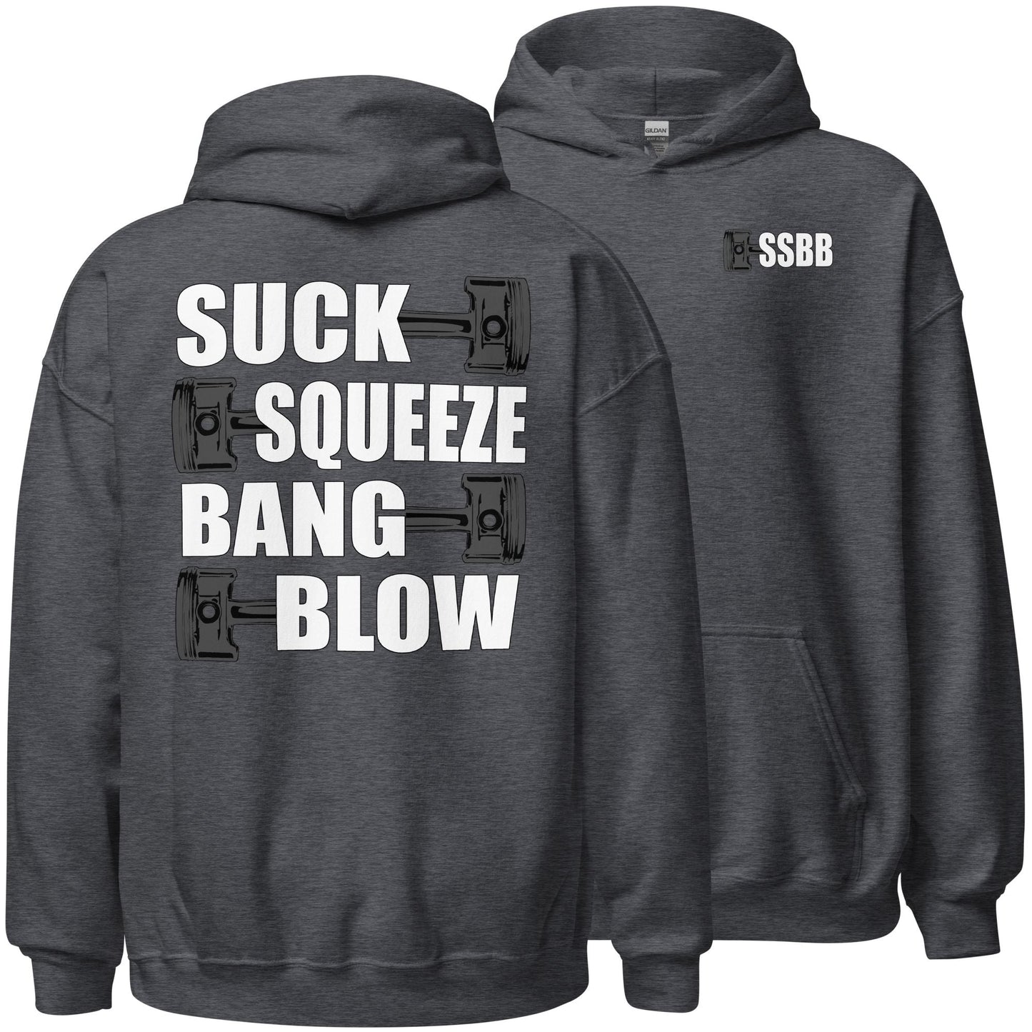 Funny Mechanic Hoodie, Car Enthusiast Gift, Racing, or Racecar T-Shirt, Suck Squeeze Bang Blow Saying