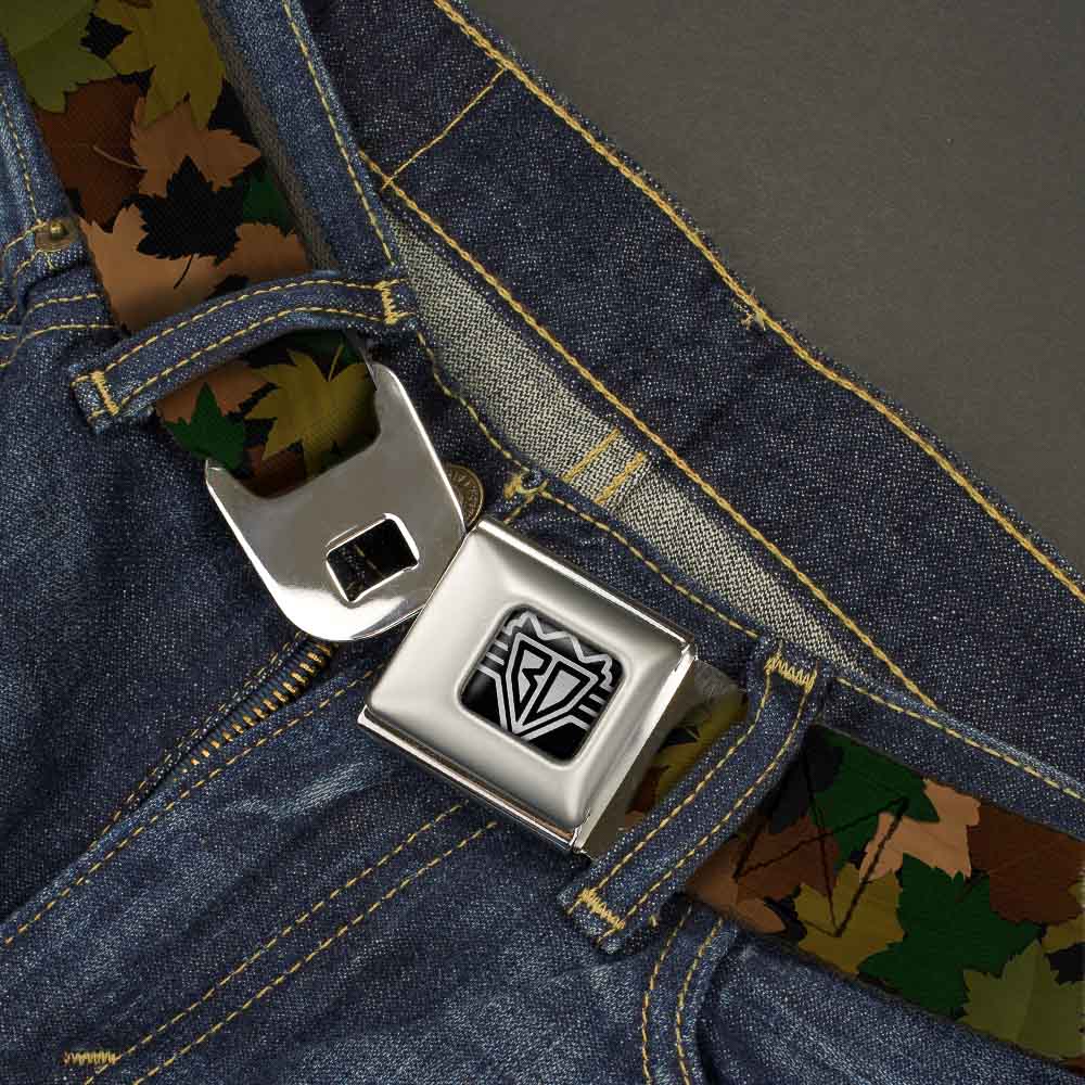 BD Wings Logo CLOSE-UP Full Color Black Silver Seatbelt Belt - Leaf Camo Browns/Greens/Black Webbing