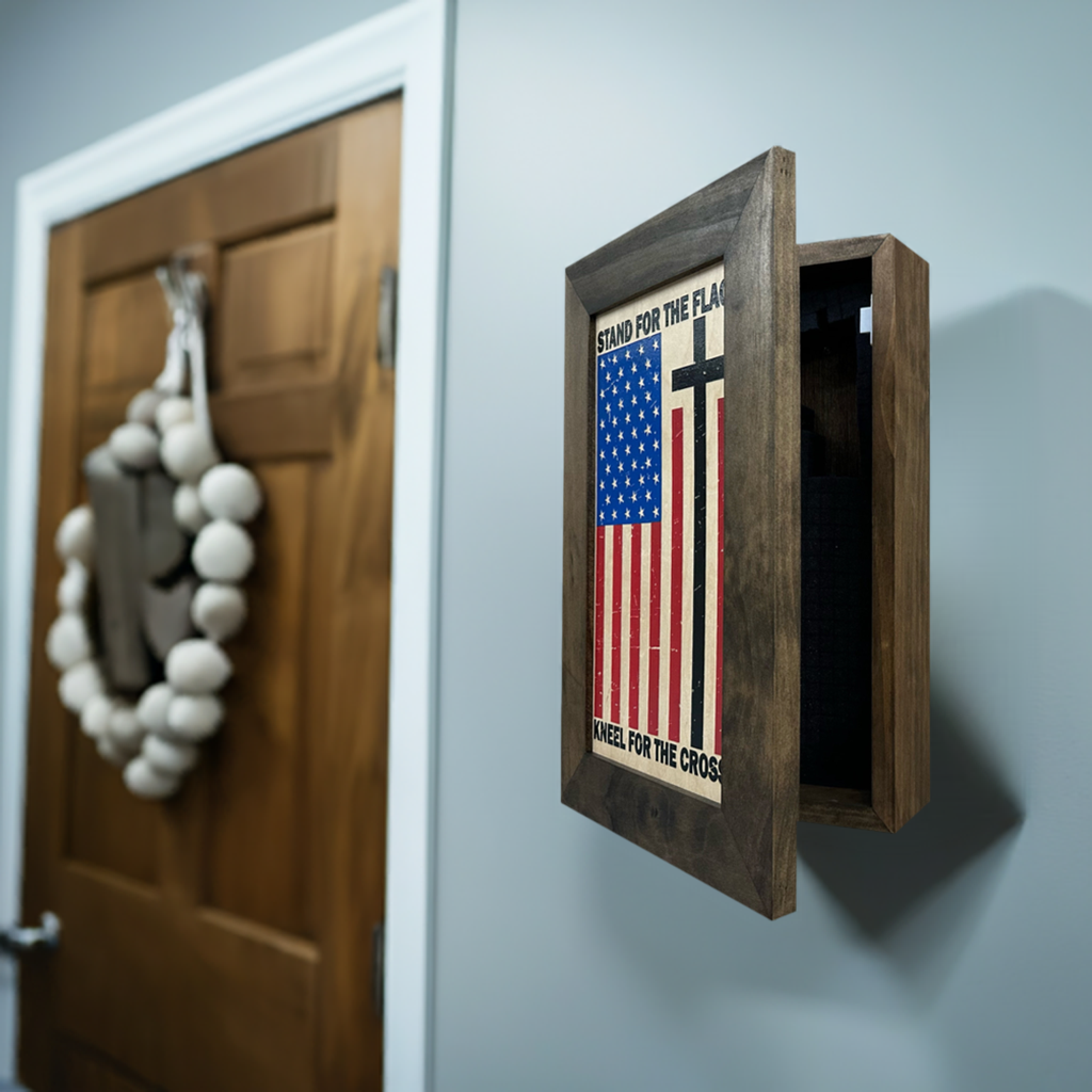 American Flag Hidden Gun Storage Cabinet - Stand For The Flag, Kneel For The Cross Concealed Gun Storage