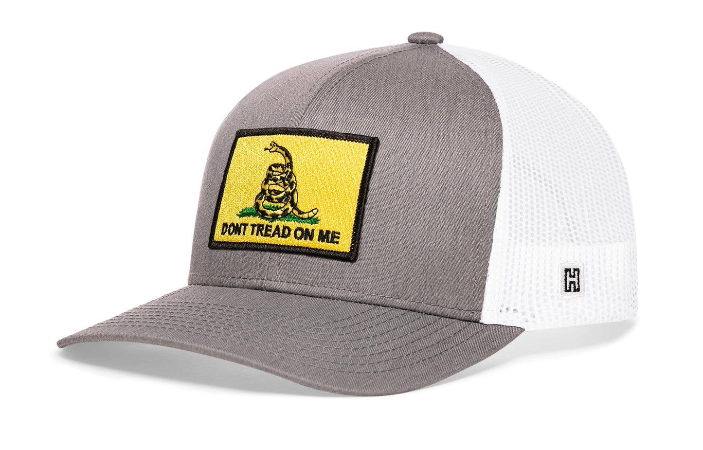 Dont Tread on Me Trucker Hat  |  Gray White Gadsden Flag Snapback