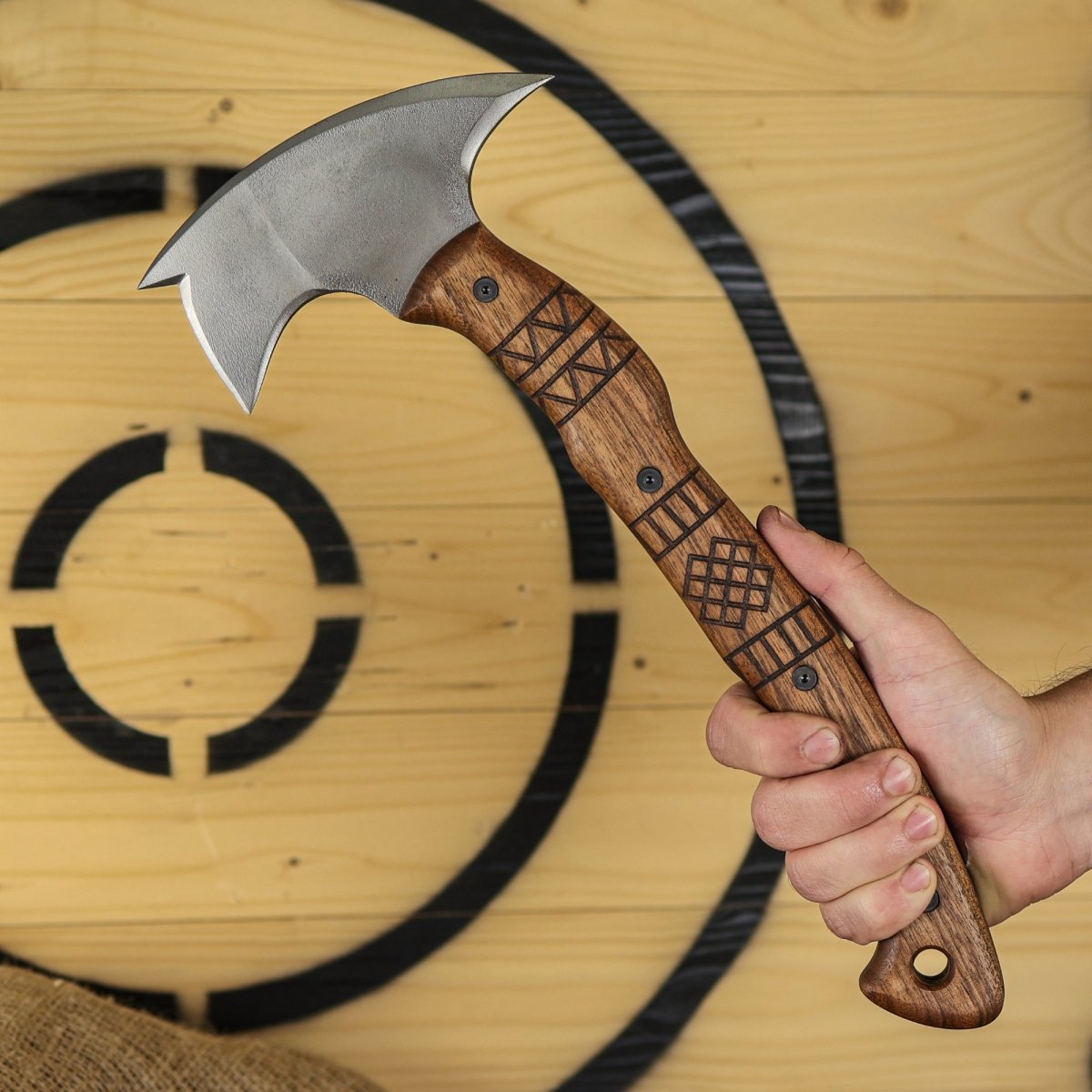 Hand forged tomahawk "Tarakon" with tribal engraving