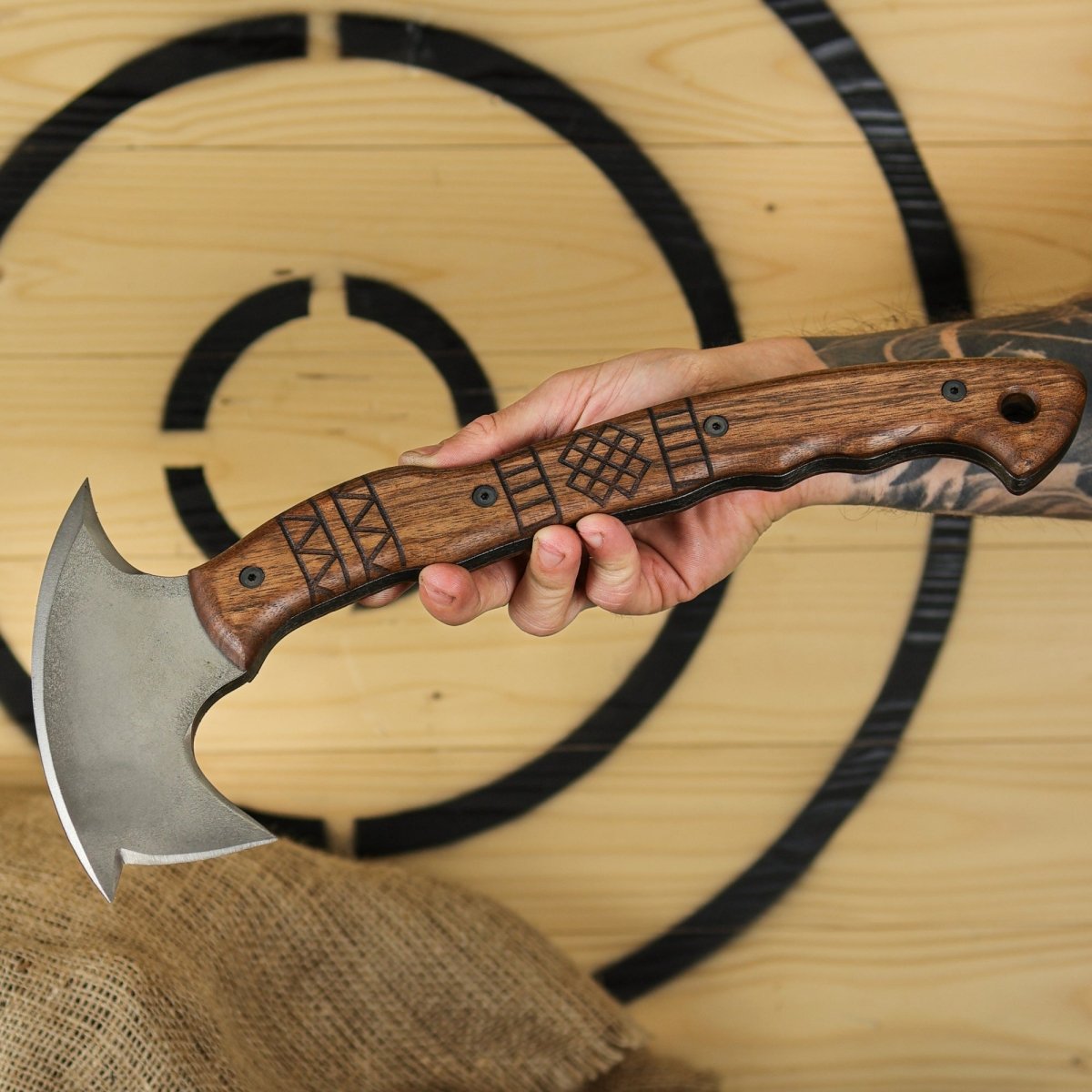 Hand forged tomahawk "Tarakon" with tribal engraving