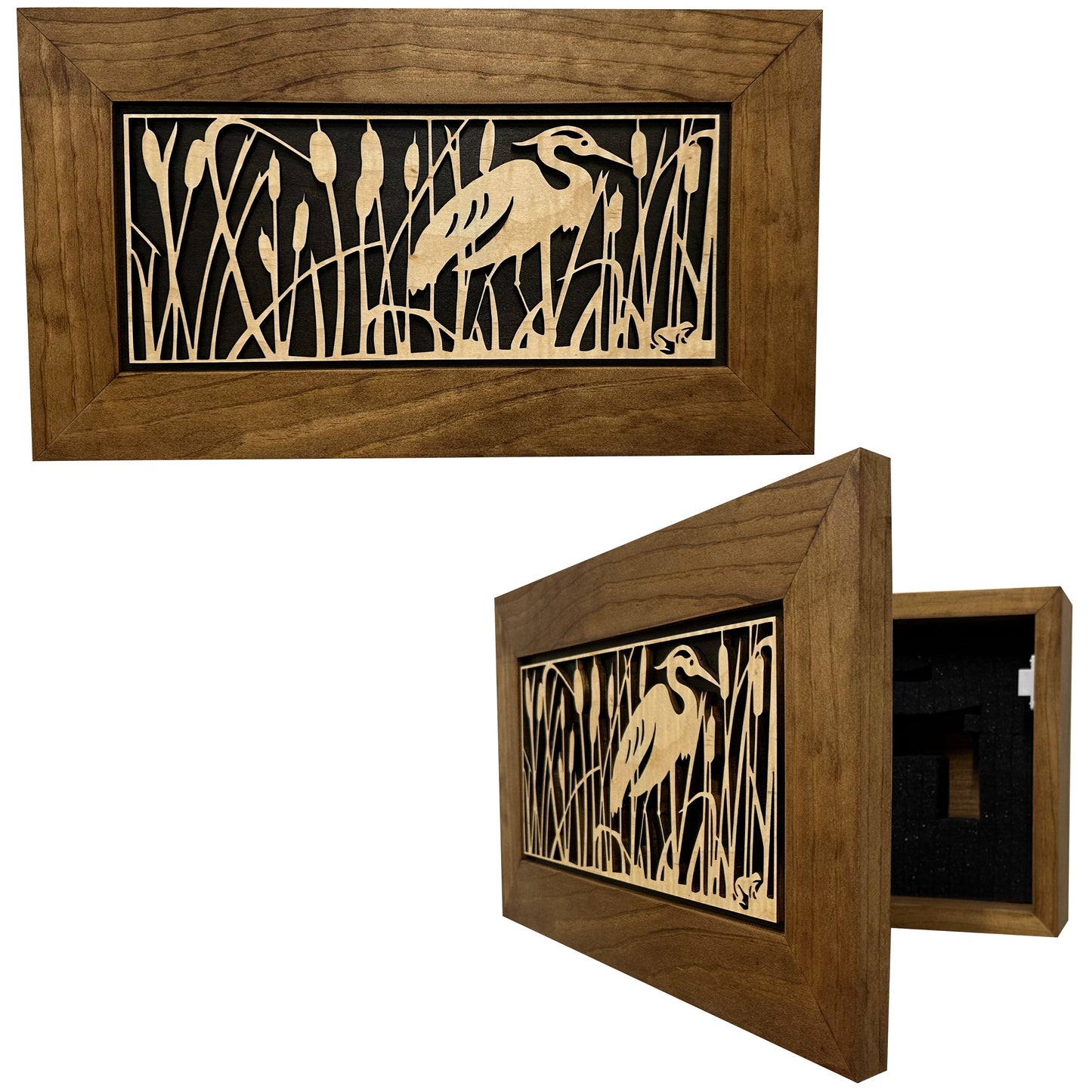 Decorative Gun Safe Heron in Cattails Wall-Mounted Gun Cabinet To Securely Store Your Gun In Plain Sight