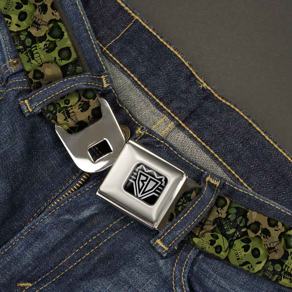 BD Wings Logo CLOSE-UP Full Color Black Silver Seatbelt Belt - Camo Olive/Black Skull Yard2 Webbing