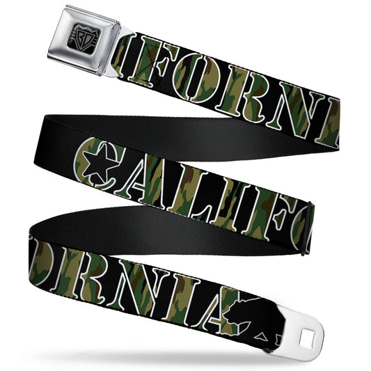 BD Wings Logo CLOSE-UP Full Color Black Silver Seatbelt Belt - CALIFORNIA/Bear Silhouette Black/Camo Olive Webbing