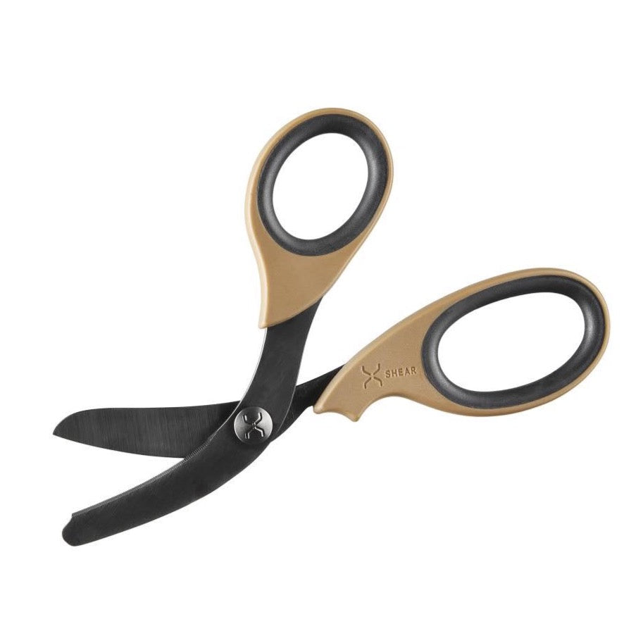 XShear 7.5” Heavy Duty Trauma Shears. Coyote Brown & Black Handles, Black Titanium Coated Stainless Steel Blades, For Professional Emergency Providers