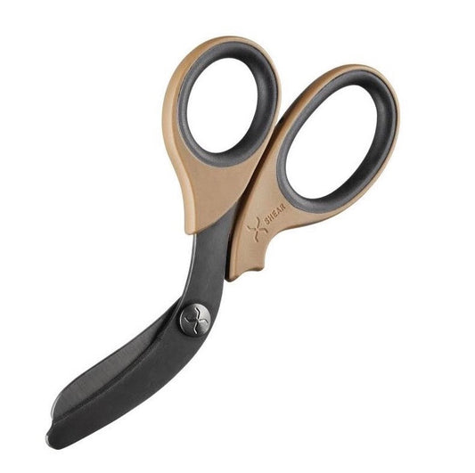 XShear 7.5” Heavy Duty Trauma Shears. Coyote Brown & Black Handles, Black Titanium Coated Stainless Steel Blades, For Professional Emergency Providers