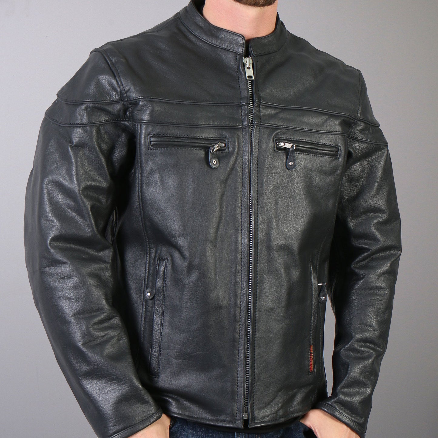 Hot Leathers JKM1011 Men's Black Leather Vented Motorcycle Racer Jacket with Double Piping