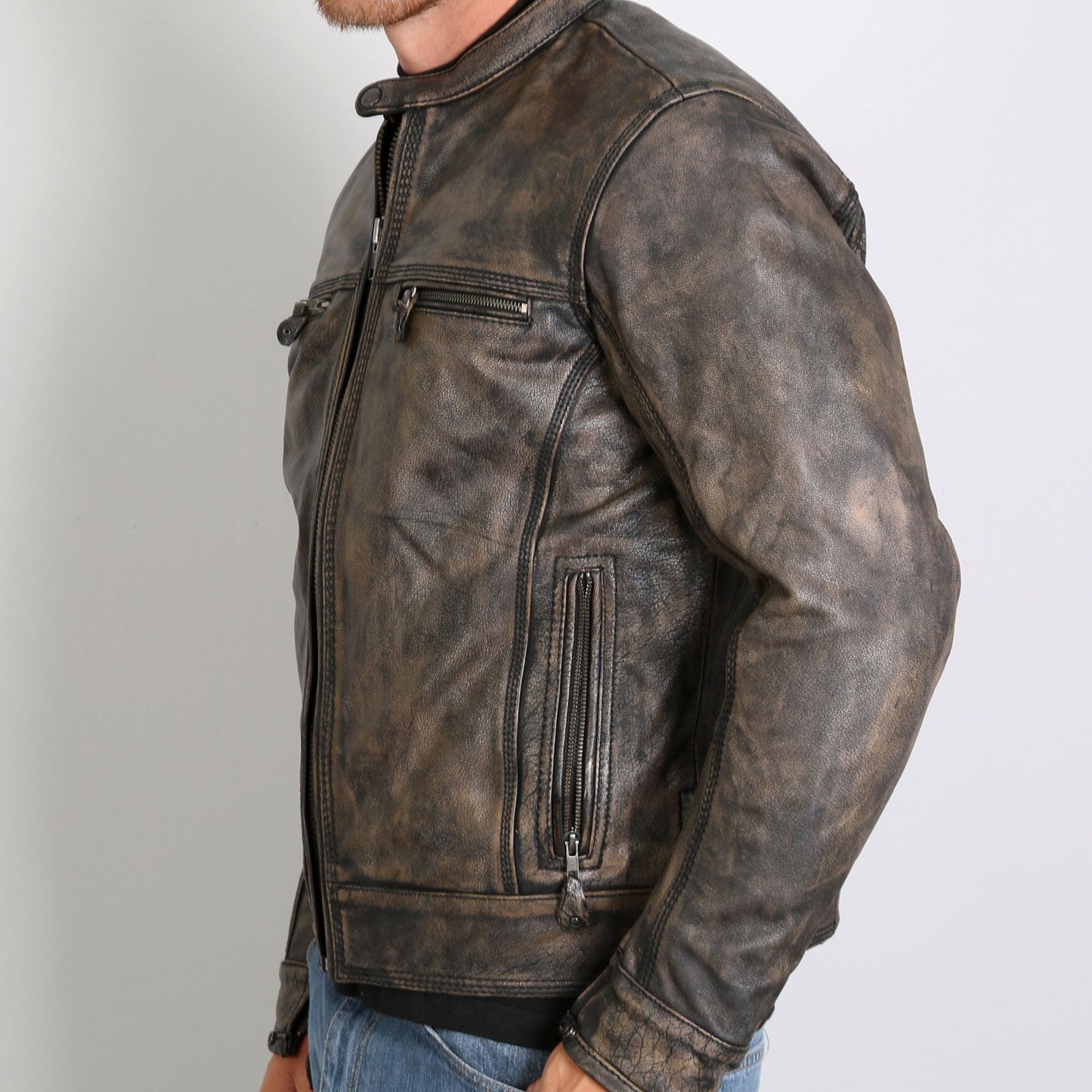 Hot Leathers JKM1019 Men's Distressed Brown Leather Motorcycle Biker Jacket with Gun Pockets