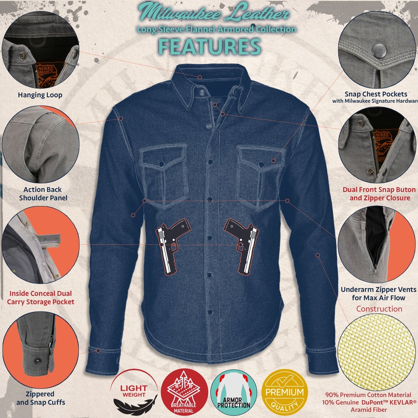 Milwaukee Leather MPM1621 Men's Grey Flannel Biker Shirt with CE Approved Armor - Reinforced w/ Aramid Fibers