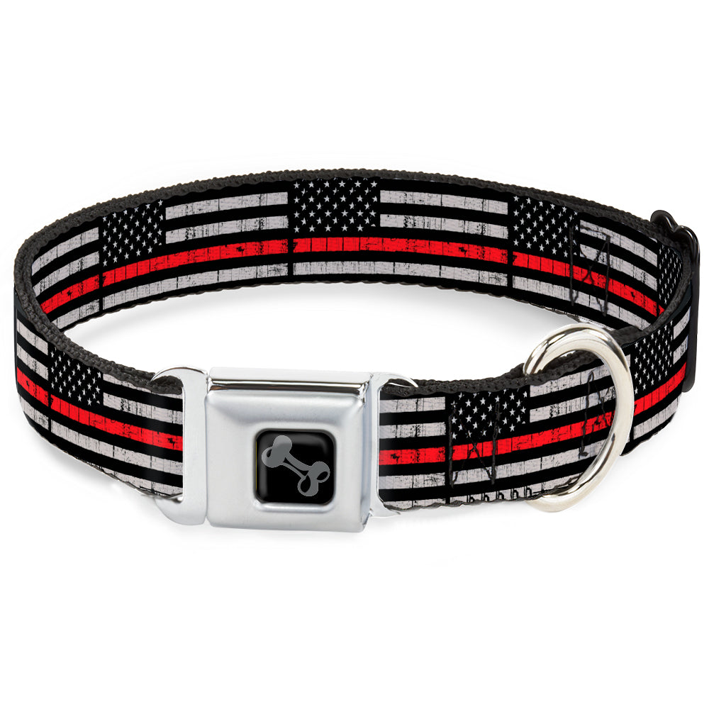 Dog Bone Seatbelt Buckle Collar - Thin Red Line Flag Weathered Black/Gray/Red