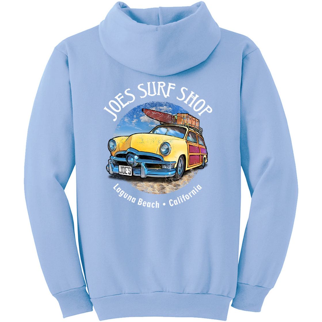 Joe's Surf Shop Yellow Woody with Surfboards Pullover Surf Hoodie