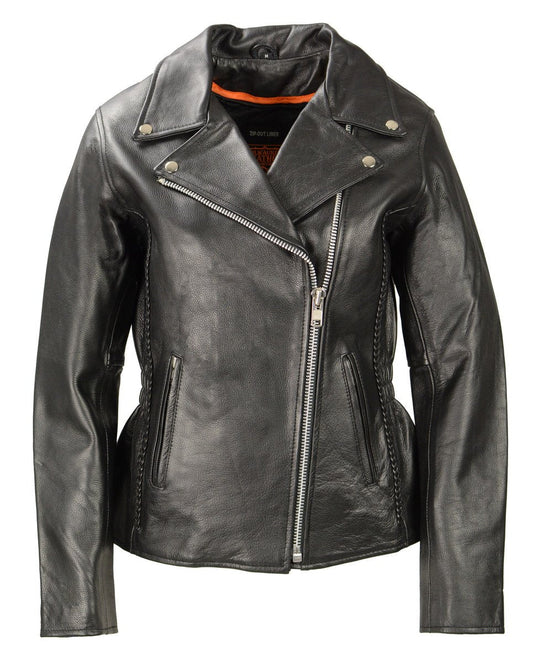 Milwaukee Leather LKL2710 Women's Classic Black Braided Motorcycle Jacket with Studded Back