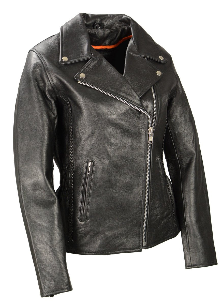 Milwaukee Leather LKL2710 Women's Classic Black Braided Motorcycle Jacket with Studded Back