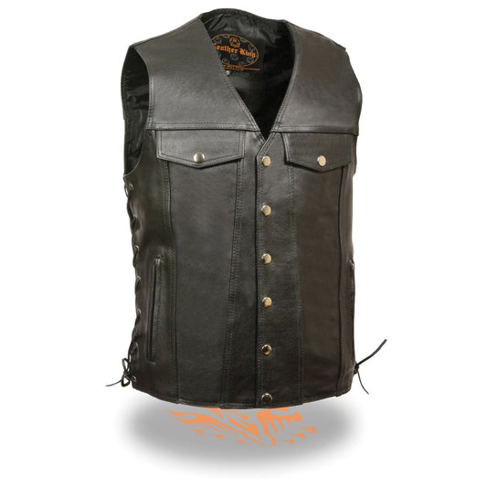 Milwaukee Leather LKM1360 Men's Black Leather Classic V-Neck Motorcycle Rider Vest w/ Snaps and Side Laces Closure