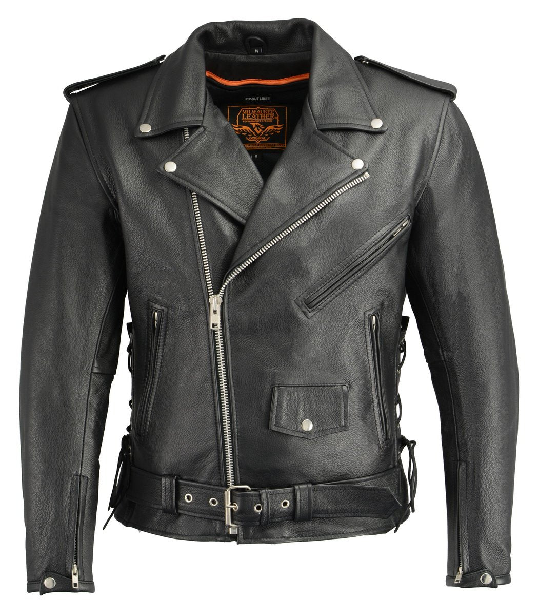 Milwaukee Leather LKM1711 Black Leather Motorcycle Jacket for Men, Thick Police Style Biker Jacket w/ Side Lace