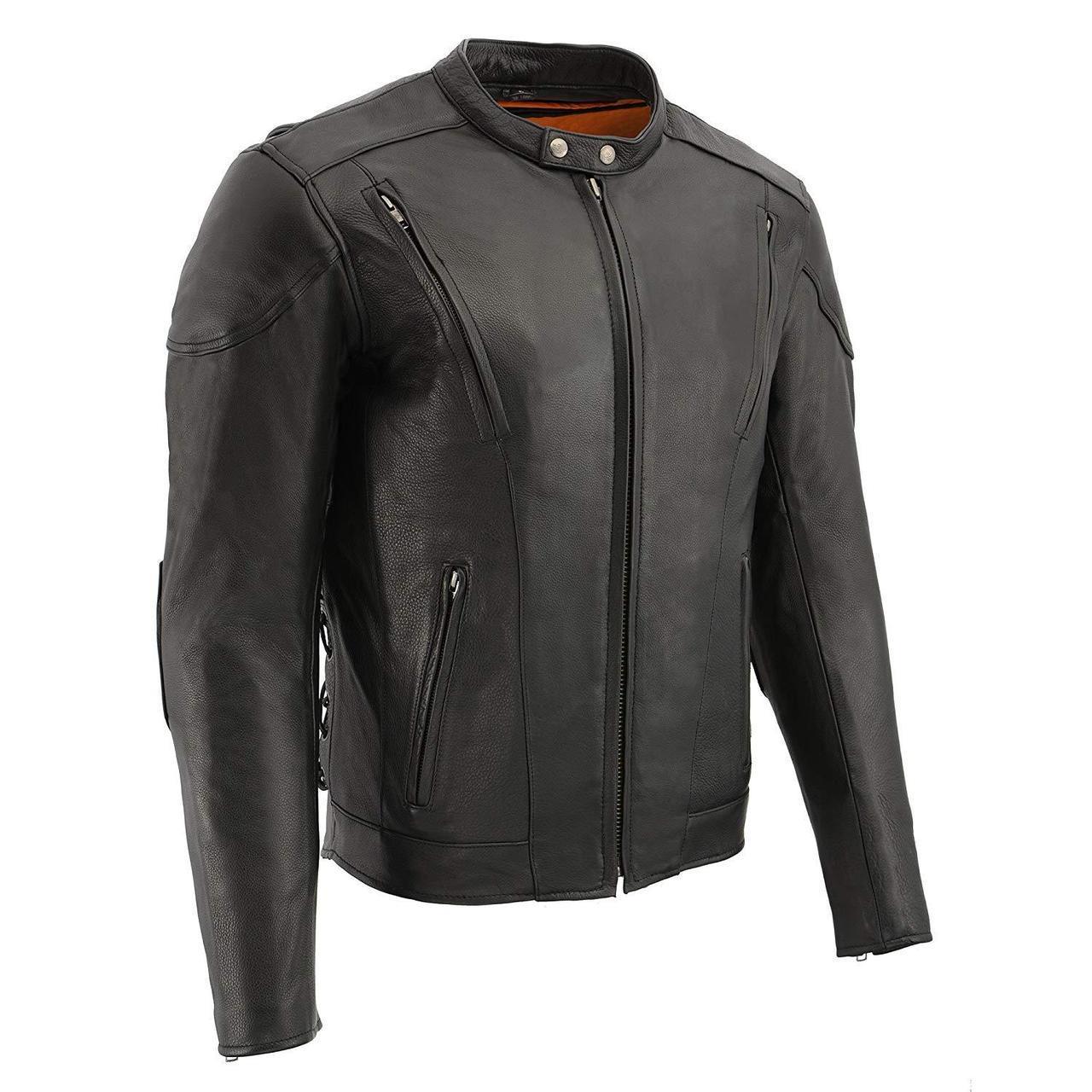 Milwaukee Leather LKM1765 Men's Black Leather Racer Style Side Laced Motorcycle Jacket w/ Ventilation System