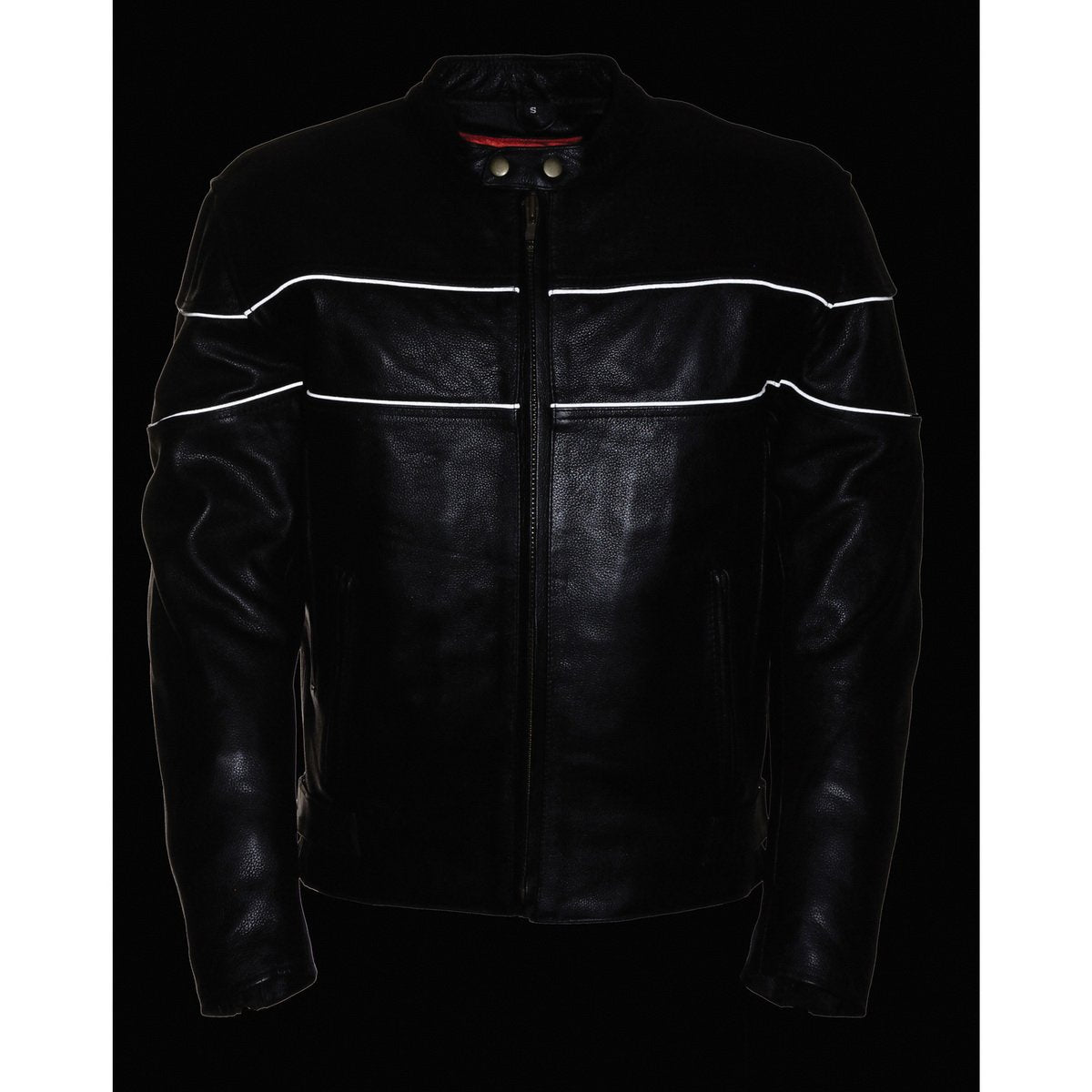 Milwaukee Leather LKM1785 Mens Black Leather Racer Style Motorcycle Jacket w/ Side Stretch and Reflective Piping