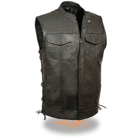 Milwaukee Leather LKM3712 Men's Black Leather Club Style Motorcycle Rider Vest w/ Front Snap/Zipper and Side Lace