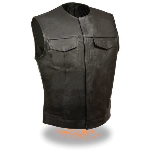 Milwaukee Leather LKM3721 Men's Black Leather Collarless Club Style Motorcycle Rider Vest w/Concealed Snap Closure