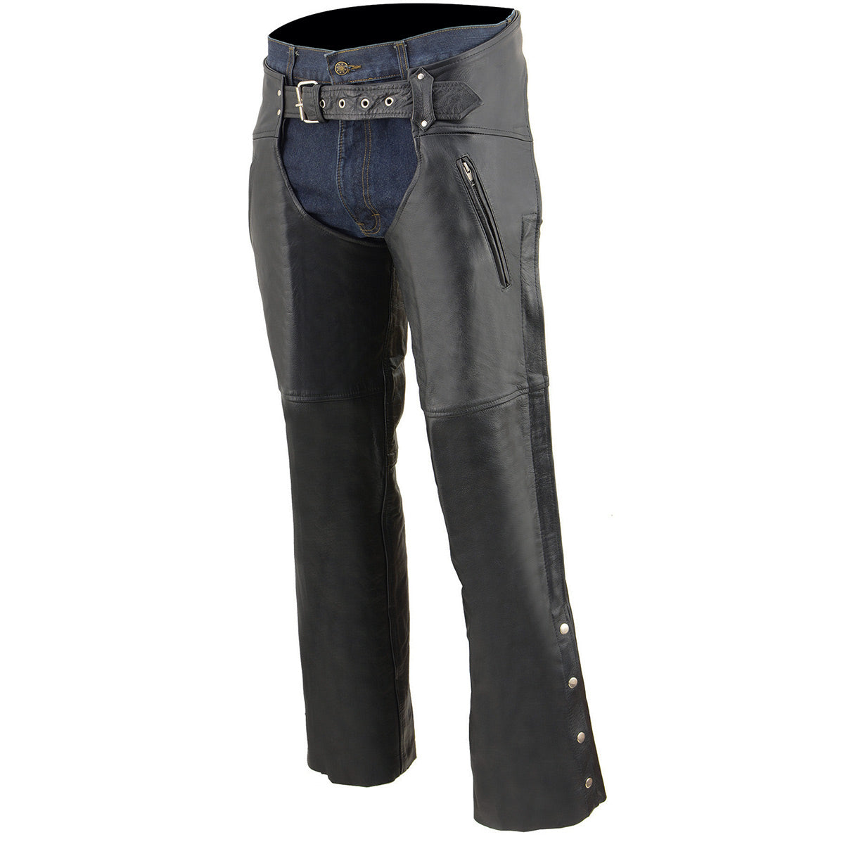 Milwaukee Leather Chaps for Men's Black Leather Dual Side Thigh Zipper Close Pockets Motorcycle Rider Chap- LKM5782