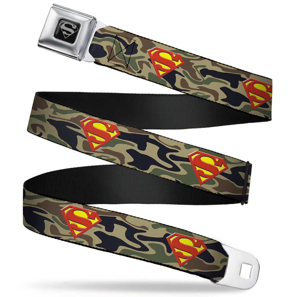 Superman Black Silver Seatbelt Belt - Superman Shield Camo Olive Webbing