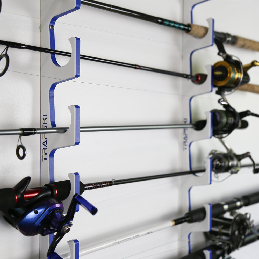 TRAPSKI Premium Fishing Rod/Pole Holder Rack Organizers | Wall or Ceiling Mounted Fishing Rod Rack | Durable Marine Grade HDPE Plastic | Fishing Pole Holder Holds up to 6 or 12 + Stackable Storage