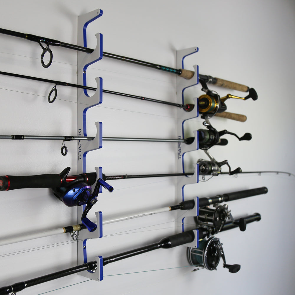 TRAPSKI Premium Fishing Rod/Pole Holder Rack Organizers | Wall or Ceiling Mounted Fishing Rod Rack | Durable Marine Grade HDPE Plastic | Fishing Pole Holder Holds up to 6 or 12 + Stackable Storage