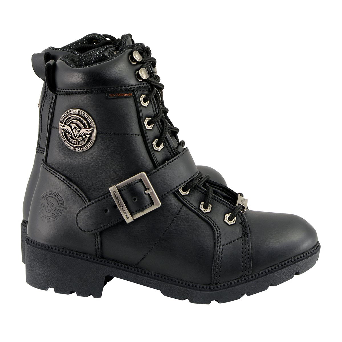 Milwaukee Leather MBL9326WP Women's Premium Black Leather Lace-Up Waterproof Motorcyle Rider Boots