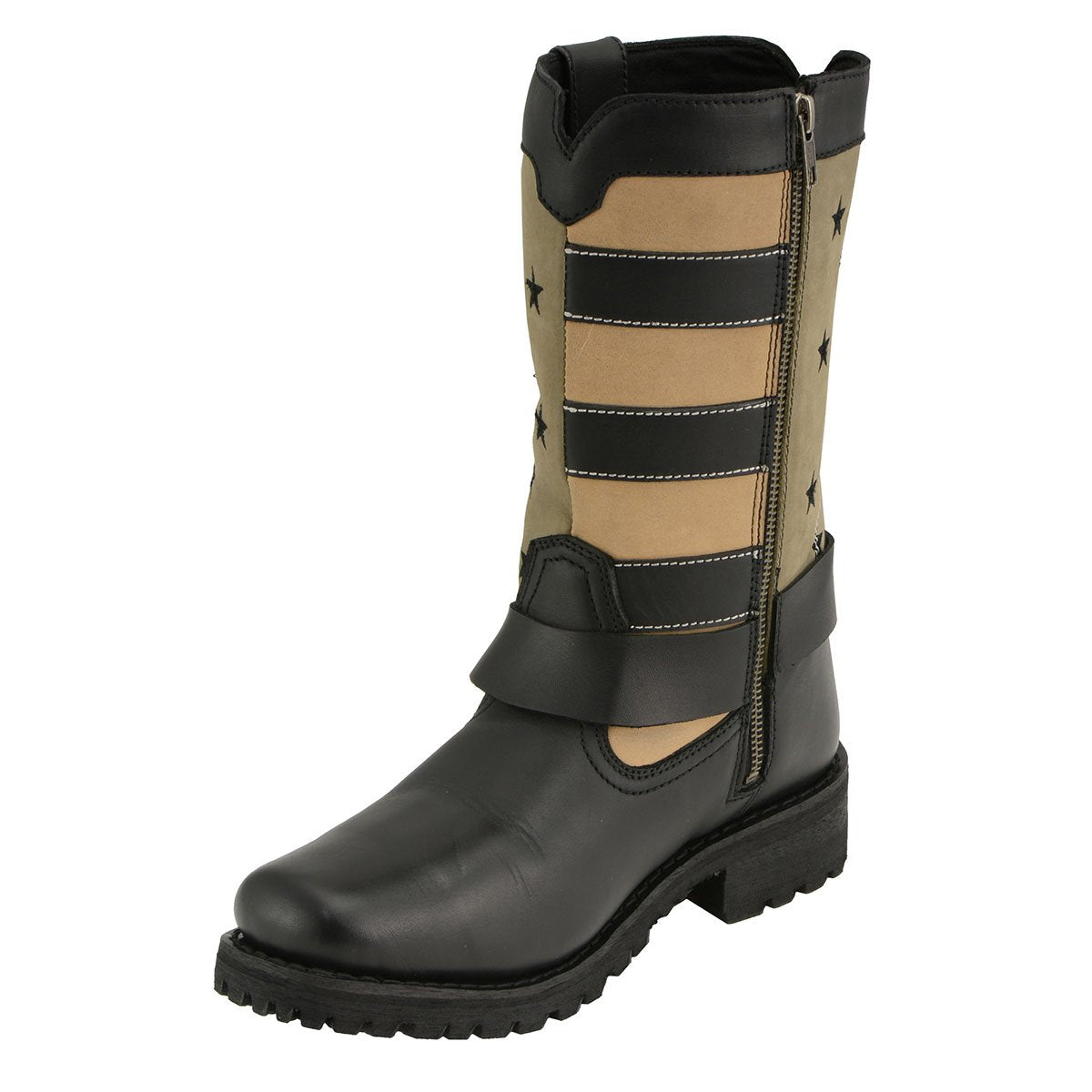 Milwaukee Leather MBL9363 Women’s ‘Stars and Stripes’ Black with Tan Leather Motorcycle Rider Harness Boots