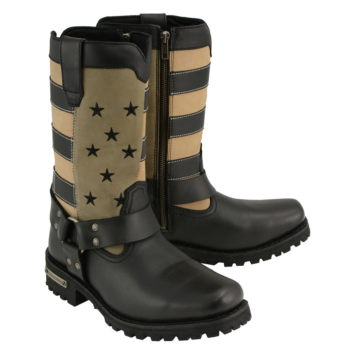 Milwaukee Leather MBL9363 Women’s ‘Stars and Stripes’ Black with Tan Leather Motorcycle Rider Harness Boots