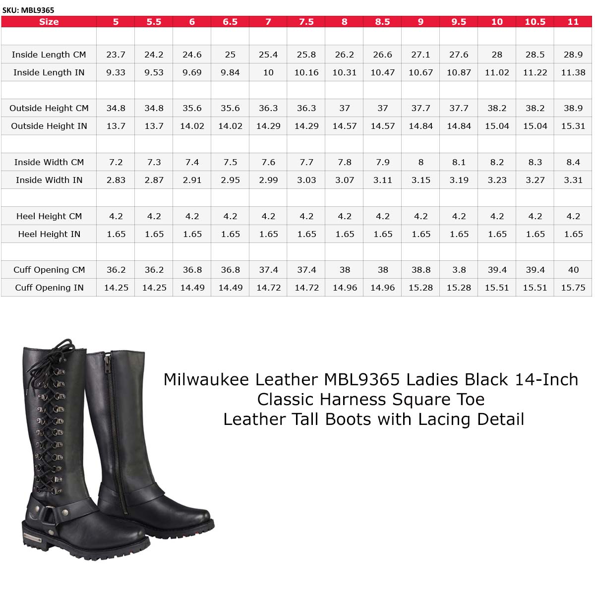 Milwaukee Leather MBL9365 Women's Black 14-Inch Classic Harness Square Toe Leather Tall Motorcycle Boots