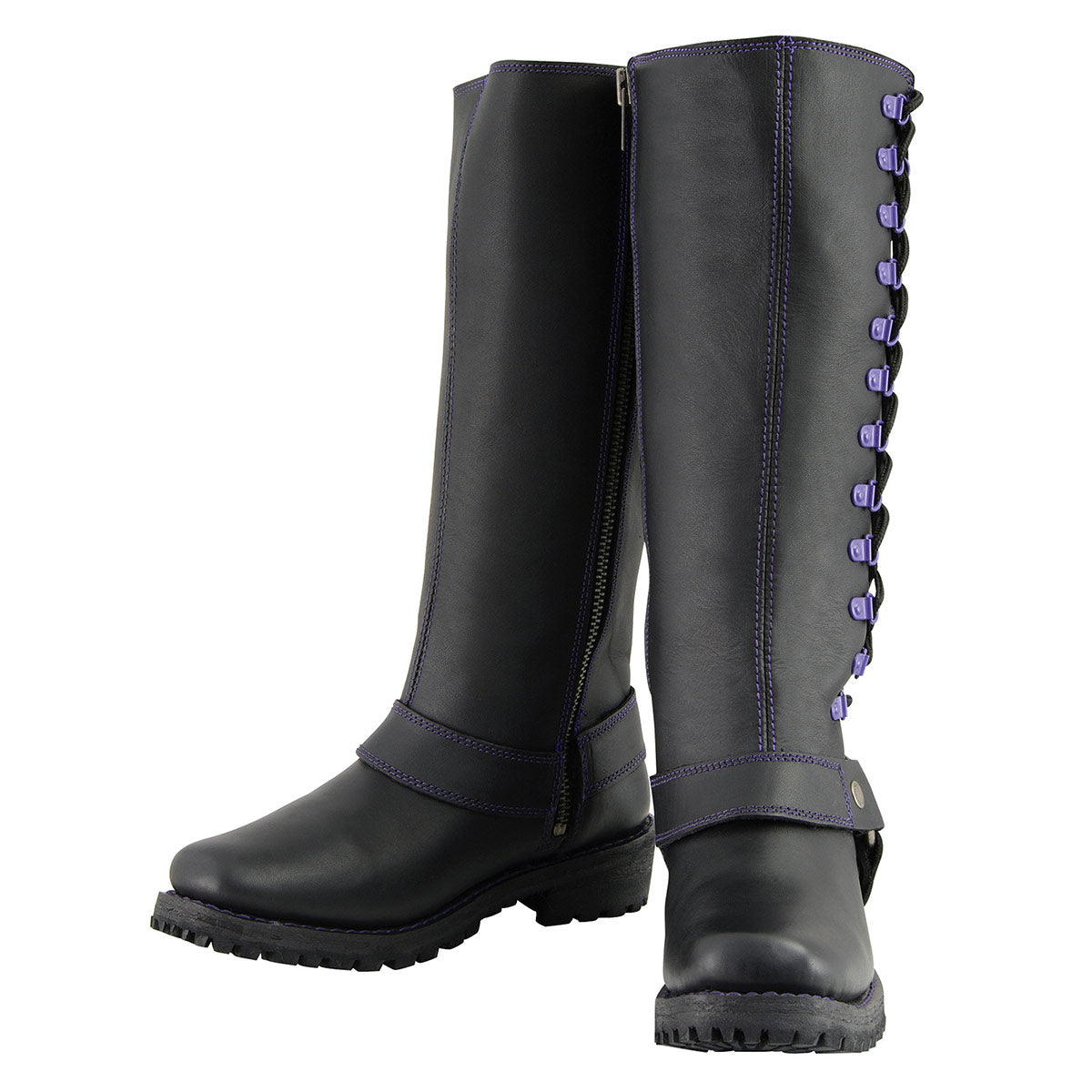 Milwaukee Leather MBL9366 Women's Black 14-inch Leather Harness Motorcycle Boots with Purple Accent Lacing