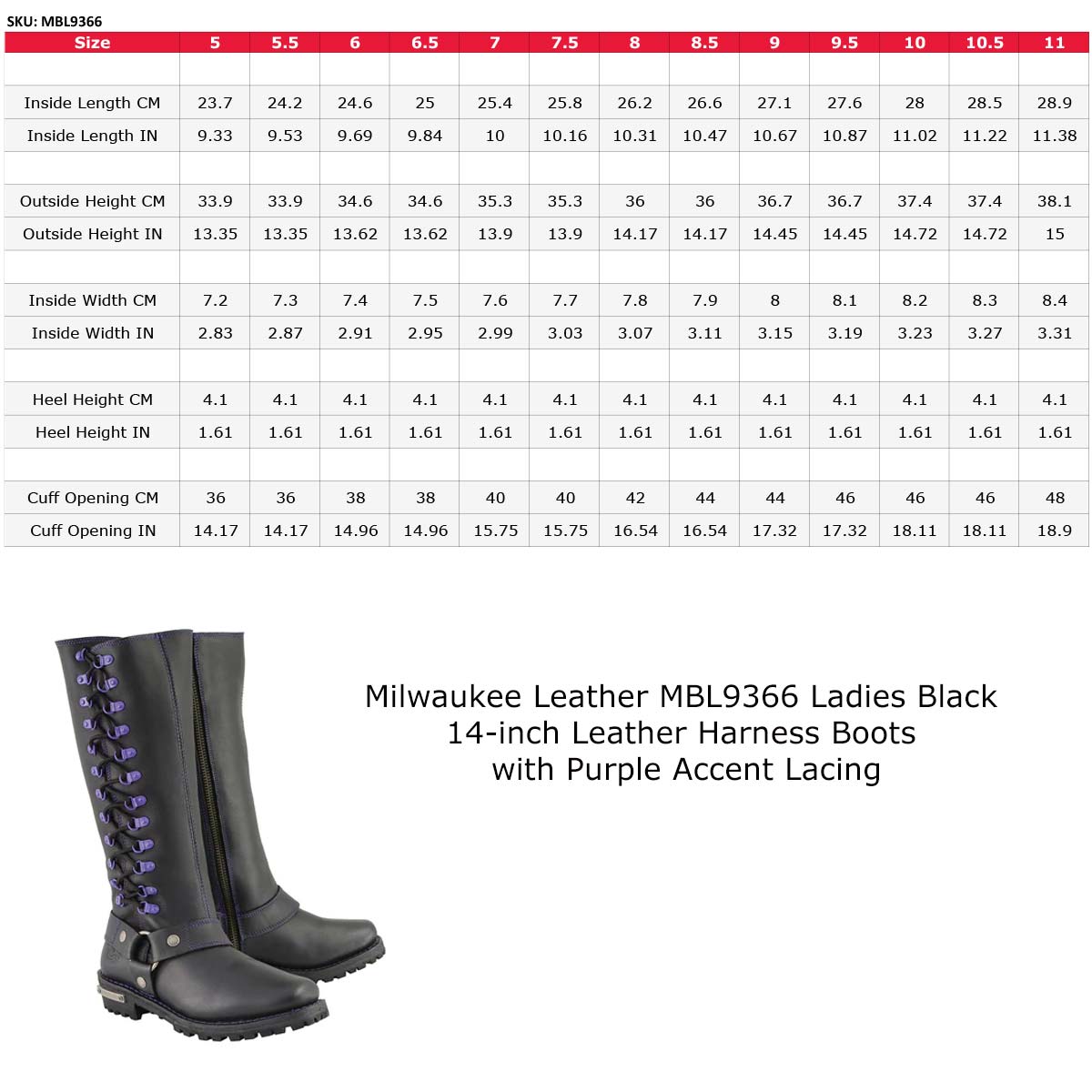 Milwaukee Leather MBL9366 Women's Black 14-inch Leather Harness Motorcycle Boots with Purple Accent Lacing