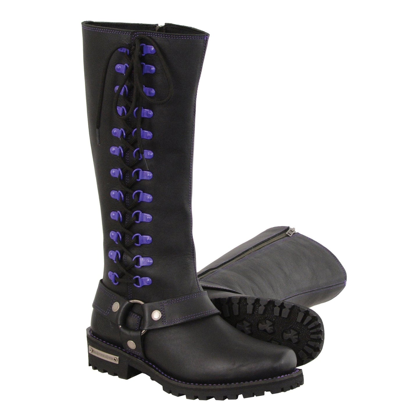 Milwaukee Leather MBL9366 Women's Black 14-inch Leather Harness Motorcycle Boots with Purple Accent Lacing